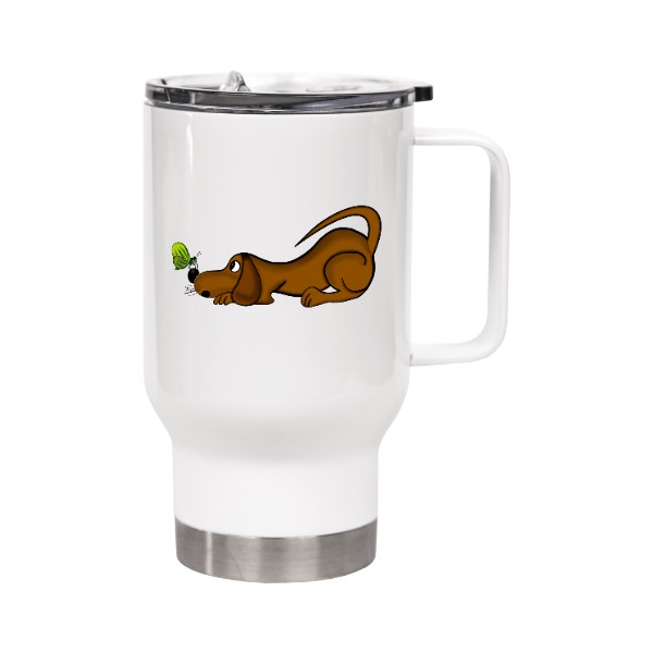 Cestovní termohrnek s uchem s potiskem  Pes a motýl - Termo hrnek